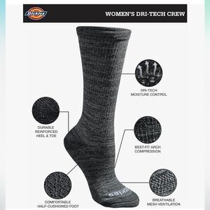 Dickies Dri-tech Fashion Moisture Cntrl Crew Socks grey/black 6 pk size 6-9‎ Nwt